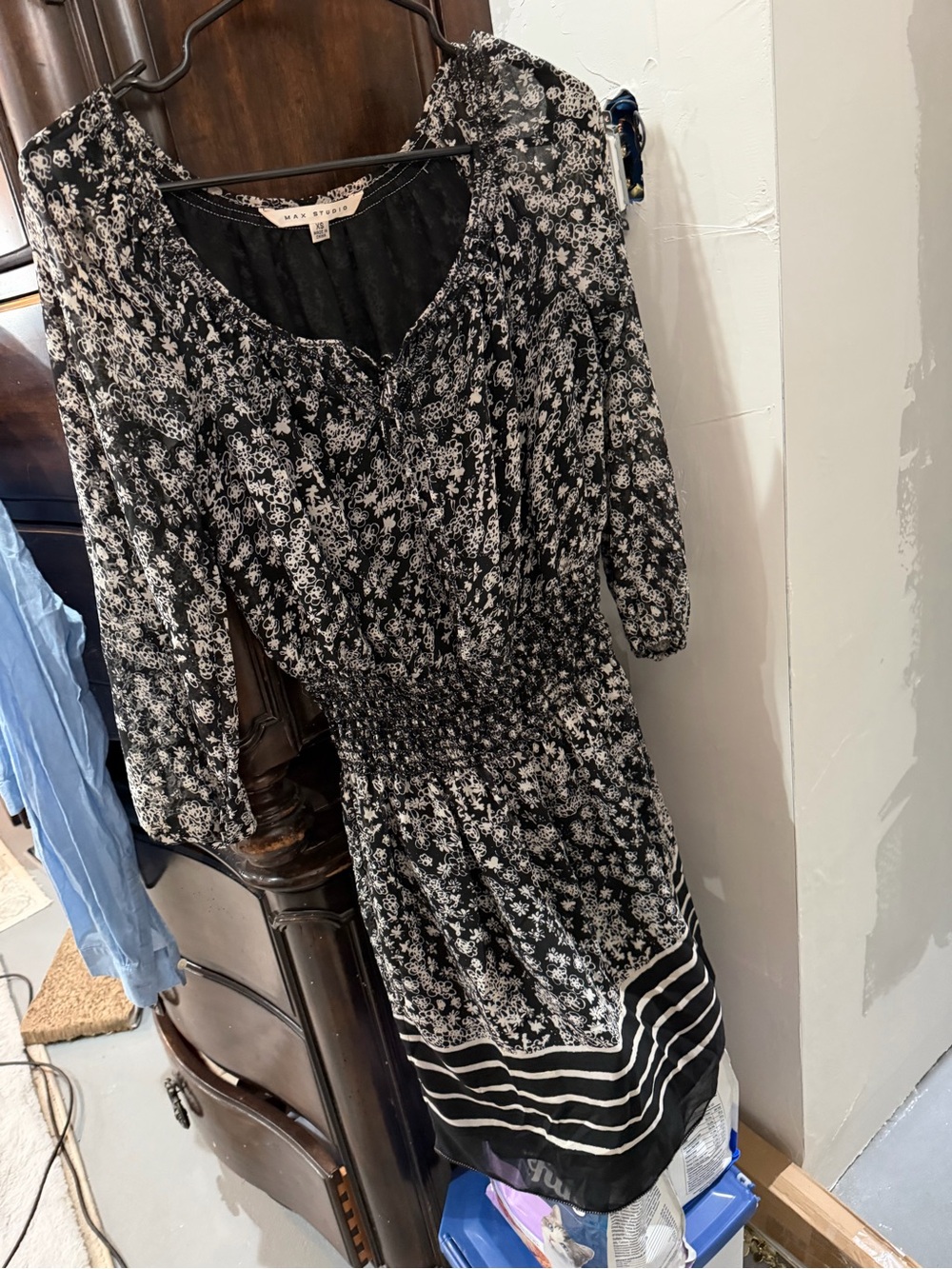 Max Studio Black & White Floral Smocked Midi Dress